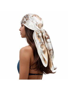 Printed Square Silk Head Scarf 35" Satin Sheen Bandana Hair Wrap Ivory Beige